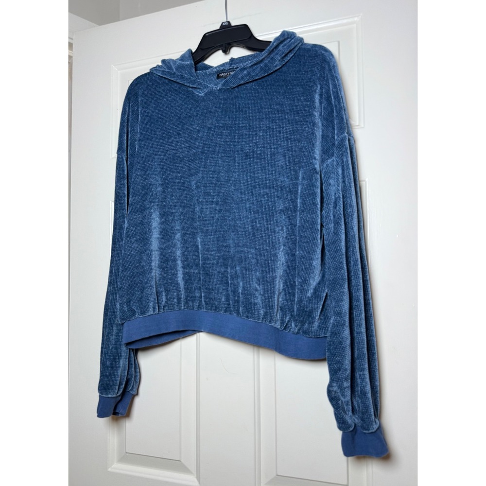 Nasty‎ Gal Collection Blue Corduroy Chenille Cropped Hoodie Sweatshirt Womens 14